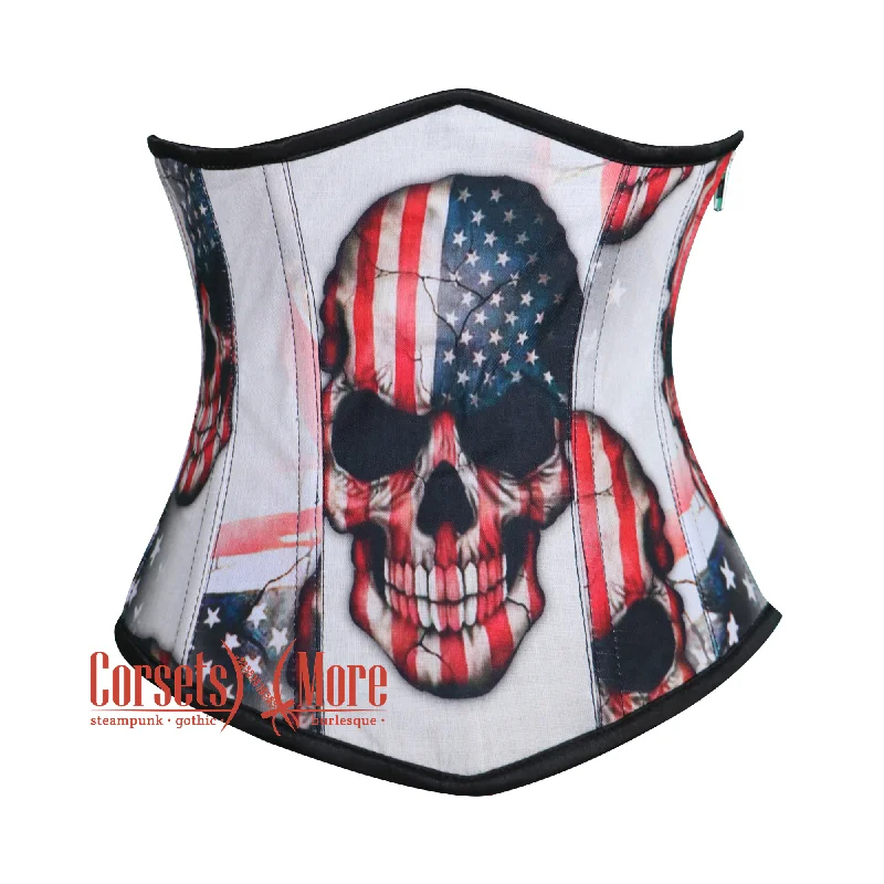 Plus Size USA Flag Printed Skull Cotton Underbust Gothic Corset Top Haunted Costume