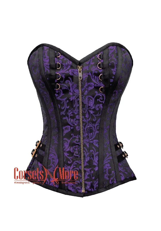 Purple and Black Brocade Overbust Corset Bustier Heart Top Costume