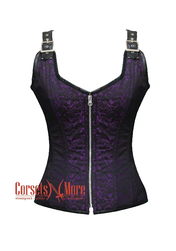 Purple and Black Brocade Overbust Corset With Straps Boned Outerwear Costume Bustier Top