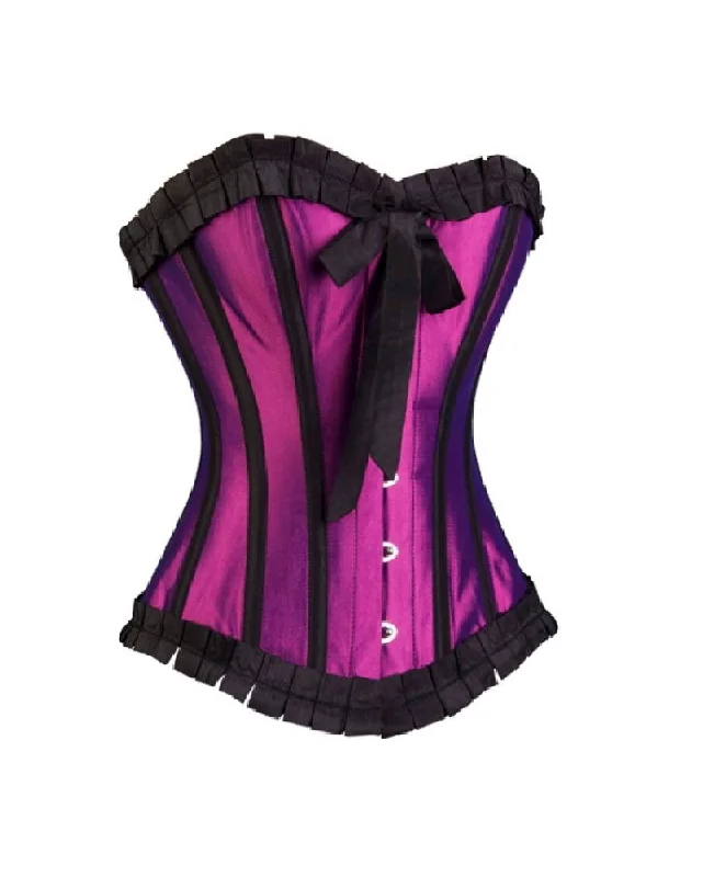 Purple Satin Black Frill Goth Retro Overbust Corset Mardi Gras Costume