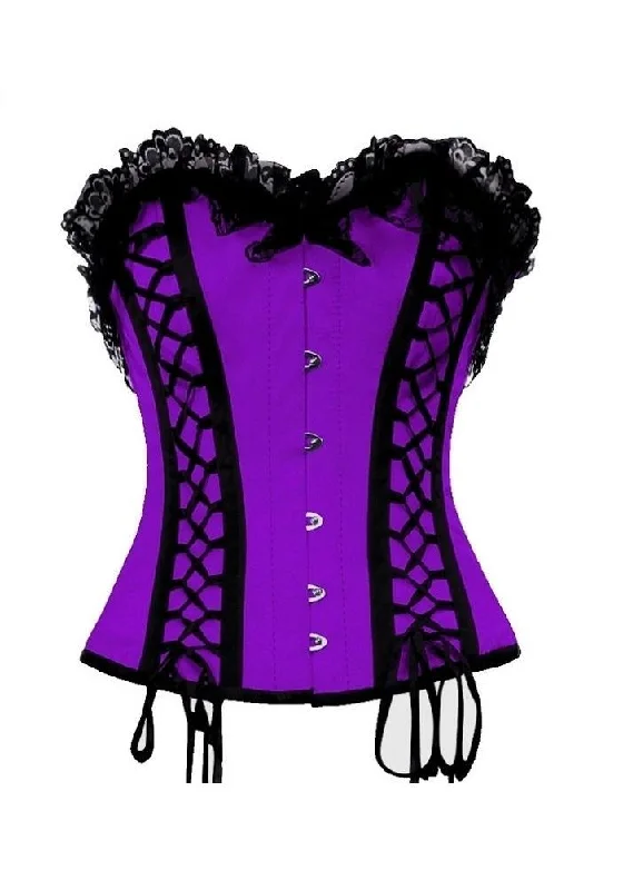 Purple Satin Black Lacing Overbust Corset Waist Training Mardi Gras Costume