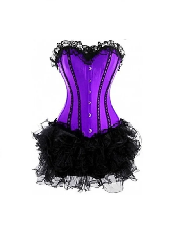 Purple Satin Black Tissue Tutu Skirt Overbust Corset Costume for Mardi Gras