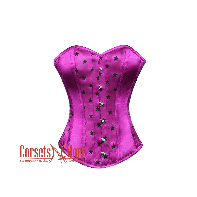 Purple Satin Corset Black Stars Print Gothic Burlesque Bustier Overbust