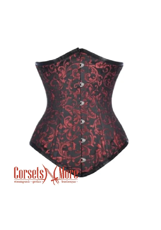 Red and Black Brocade Spiral Steel Boned Corset Waist Training Bustier LONG Underbust Corset Top