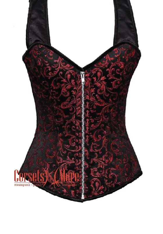 Red and Black Brocade With Shoulder Strap Silver Zip Overbust Corset Top