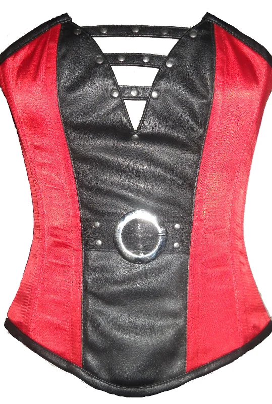 Red And Black Satin Leather Work Waist Training Bustier Overbust Corset Costume