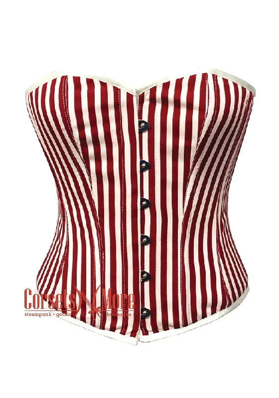 Red and White Vertical Striped Satin Gothic Costume Waist Training Overbust Bustier Top