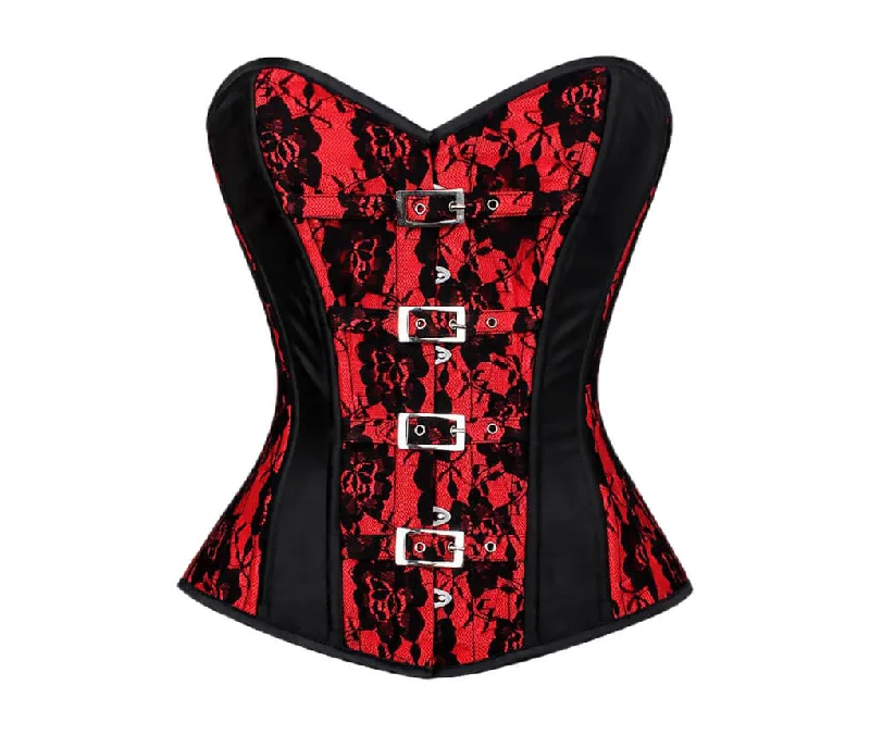 Red Black Satin Net Burlesque Corset Waist Training Overbust Bustier