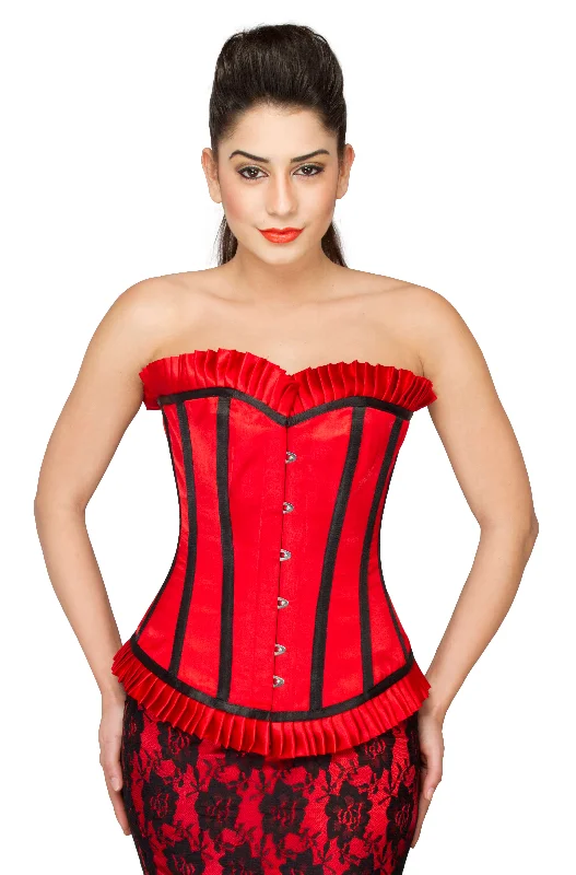 Red Satin Black Stripes Overbust Corset Top