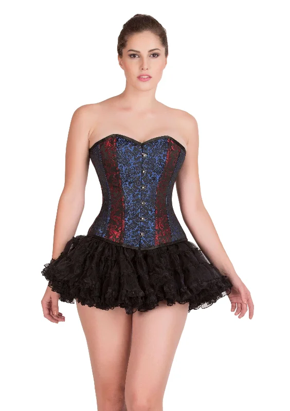 Red & Blue Black Brocade Gothic Burlesque Bustier Waist Training Overbust Corset Top