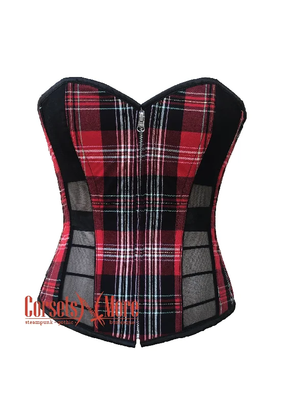 Red Flanel with Black mesh Front Zipper Corset Costume Overbust Top