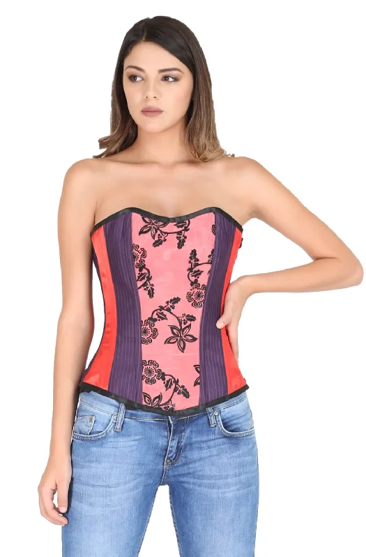 Red Purple Satin Corset with Tissue Flocking Gothic Burlesque Waist Cincher Bustier Overbust Top