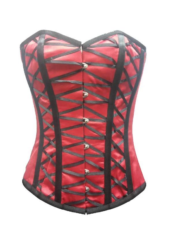 Red Satin Black Bondage Lacing Gothic Burlesque Corset Waist Training Overbust