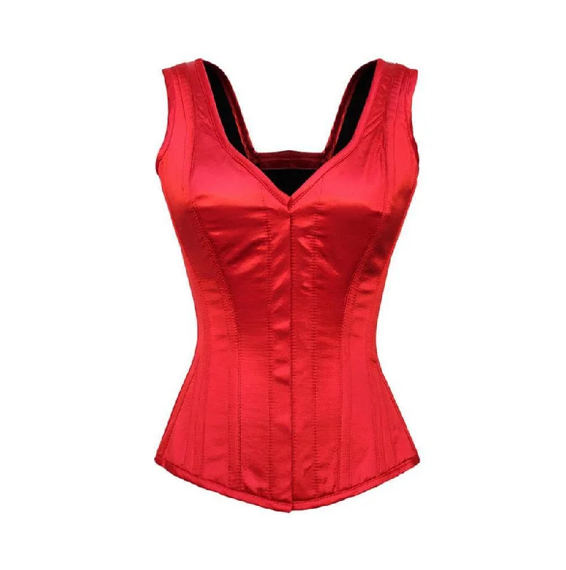 Red Satin Corset Shoulder Straps Gothic Burlesque Waist Training Overbust Valentine Top