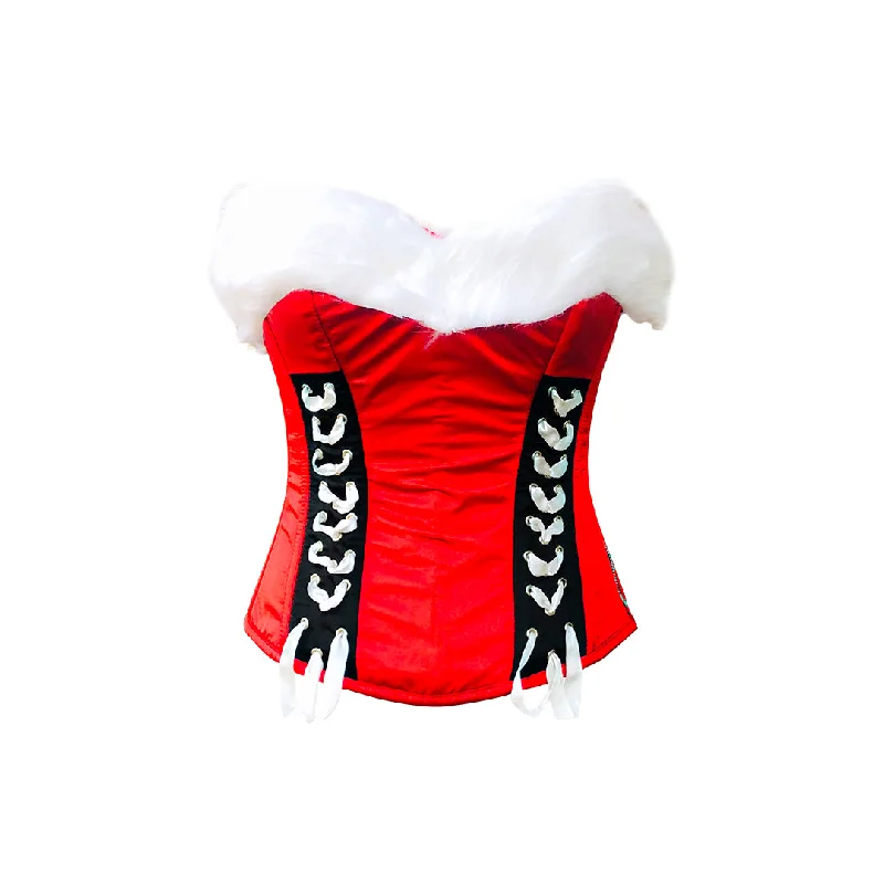 Red Satin White Fur Valentine Costume Overbust Bustier Halloween Corset Top