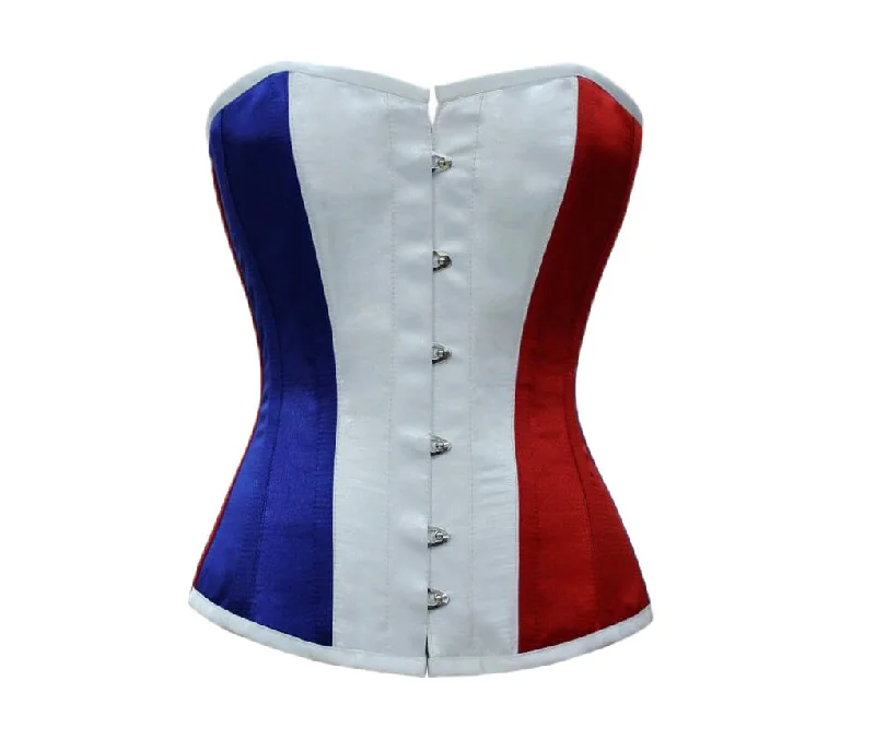 Red White Blue Satin Corset France Flag Waist Training Overbust