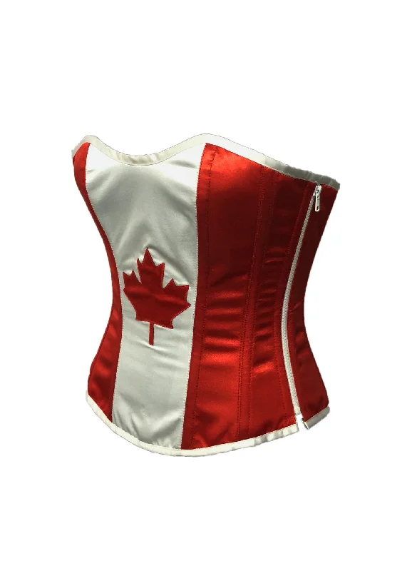 Canada Flag Red And White Satin Handwork Plus Size Overbust Corset Waist Training