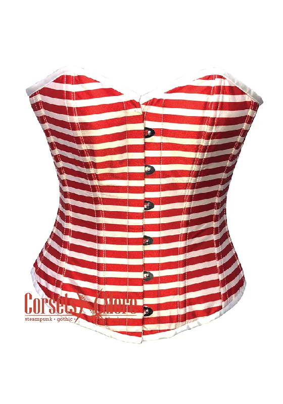 Red and White Horizontal Striped Satin Gothic Costume Waist Training Overbust Bustier Top