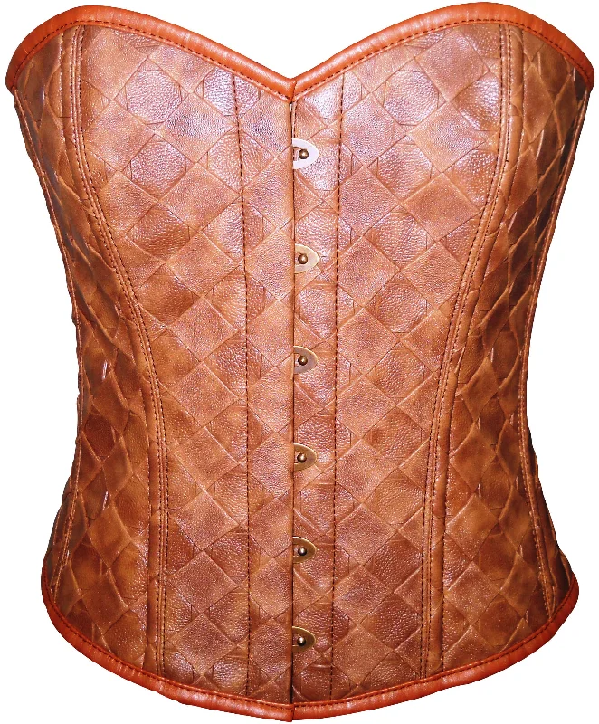 Sexy Women Brown Faux Leather Front Open Waist Cincher Bustier Overbust Corset Top