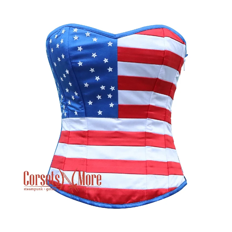 USA Flag Blue Satin with Red and White Stripes Corset Plus Size Gothic Overbust Top