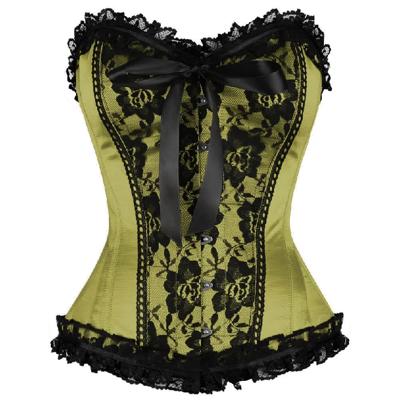 Waist Training Olive Green Satin Corset Black Frill N Net Gothic Burlesque Overbust