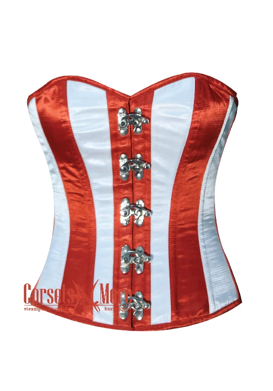 White And Red Stripes Burlesque Overbust Bustier Waist Training Corset