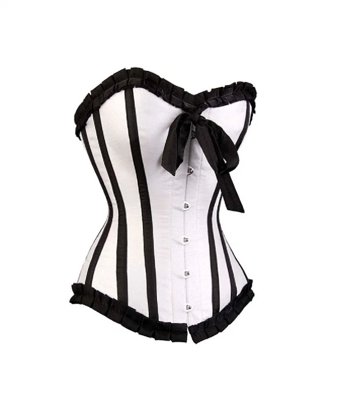 White Satin Black Frill Burlesque Overbust Corset Waist Training Top