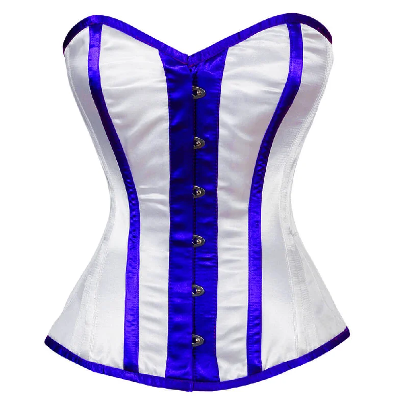 White Satin Corset Blue Stripes Burlesque Waist Training Overbust Top