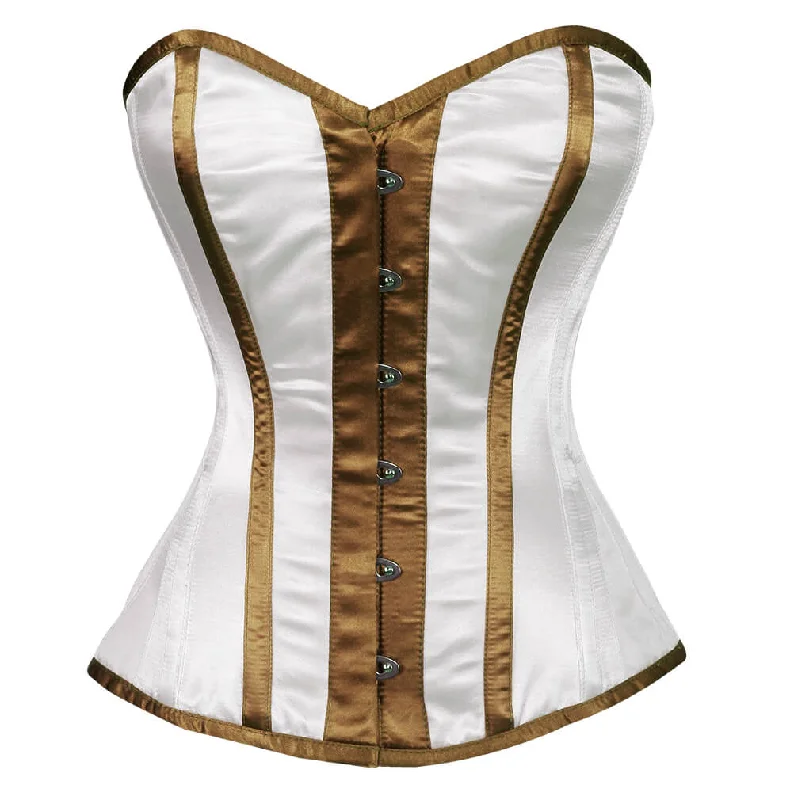 White Satin Corset Brown Stripes Gothic Burlesque Waist Training Overbust Bustier