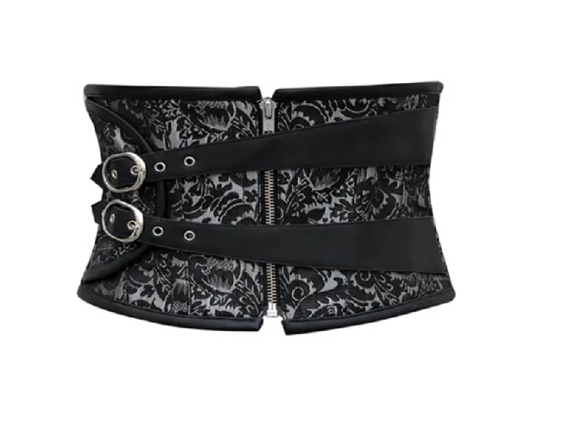 Women’s Black Brocade Leather Zipper Gothic Steampunk Bustier Waist Training Underbust Corset Costume