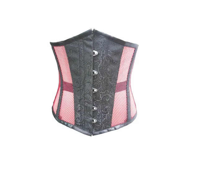 Women’s Black Brocade Pink Net Gothic Steampunk Bustier Waist Training Underbust Corset Costume