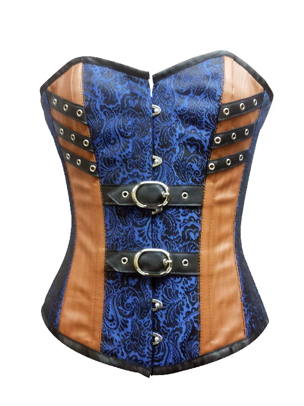 Women’s Blue Brocade Brown Leather Gothic Steampunk Bustier Waist Training Overbust Corset Costume