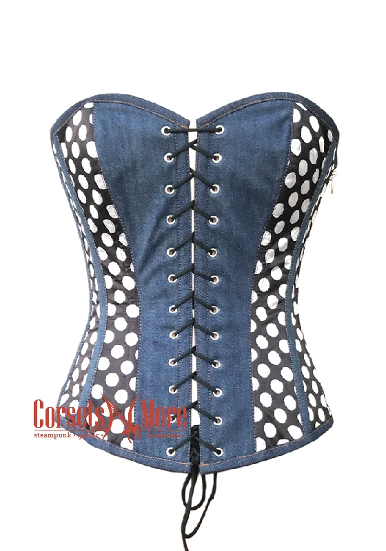 Blue Denim and Polka Dots Satin Gothic Retro Costume Waist Training Overbust Bustier Top