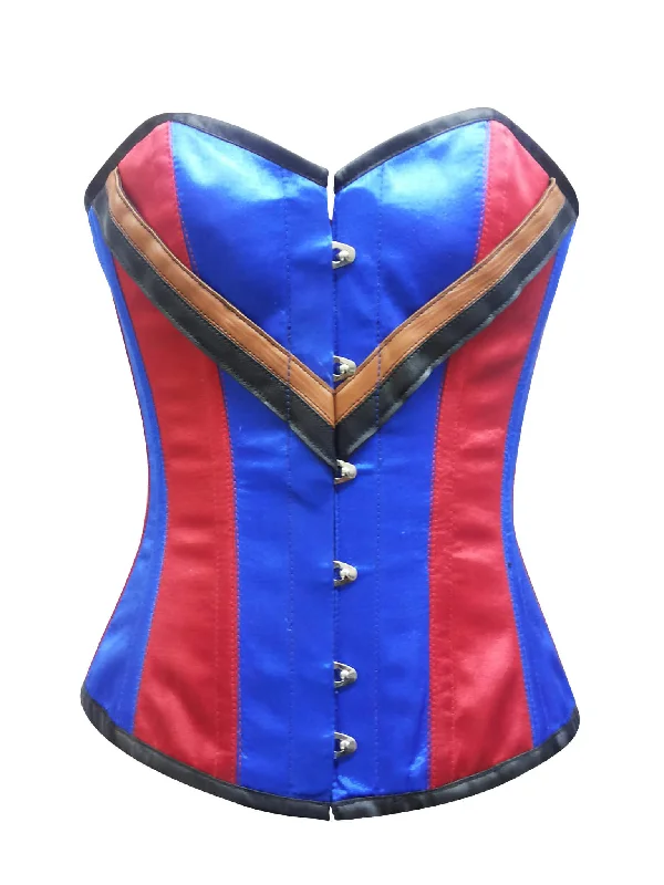 Women’s Red Blue Satin V Leather Straps Gothic Steampunk Waist Training Bustier Burlesque Overbust Corset Costume