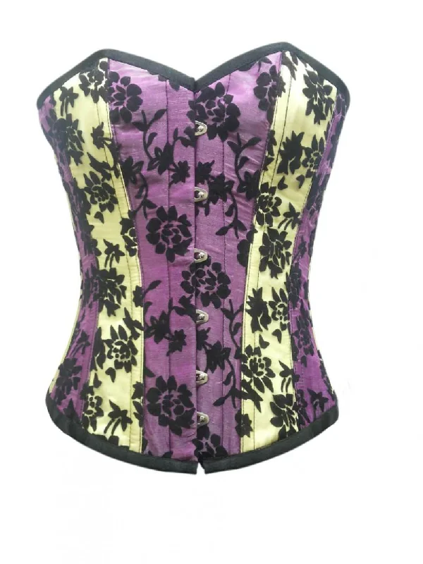 Yellow Purple Satin Gothic Burlesque Corset Waist Training Overbust Tissue Flocking