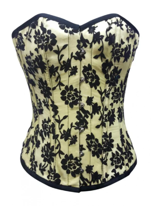 Yellow Satin Black Tissue Flocking Gothic Burlesque Floral Corset Waist Training Overbust