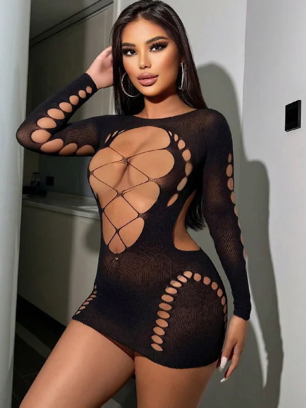 Hollow Out Fishnet Net Lingerie Dress Black