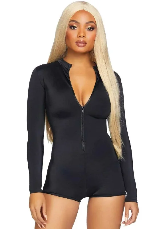 Zipper Front Long Sleeved Matte Romper - - Black